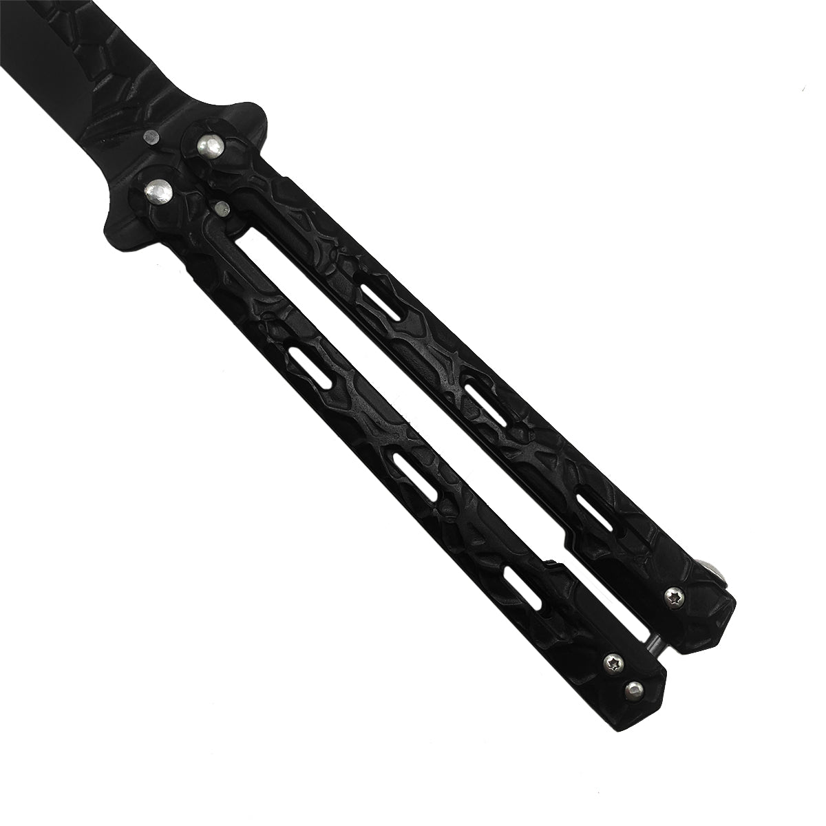 ALP Imports raven butterfly knife wholesale balisongs with black textured handles and metal rivets
