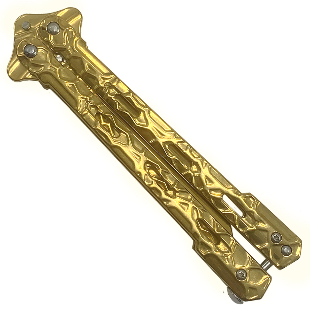 Wholesale gold balisong knife with textured metal handles by CS Tactical Edge closed position