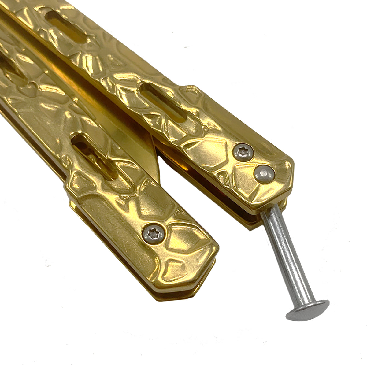 CS Tactical Edge wholesale gold balisong knife with textured gold handles and silver latch