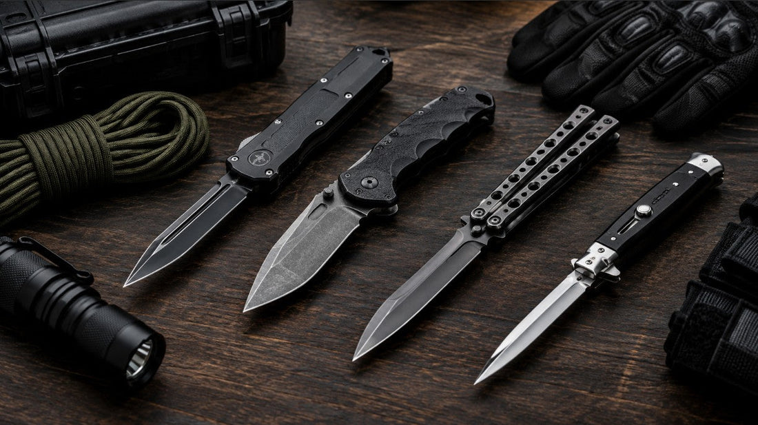 Wholesale tactical knives displayed for retail store buyers