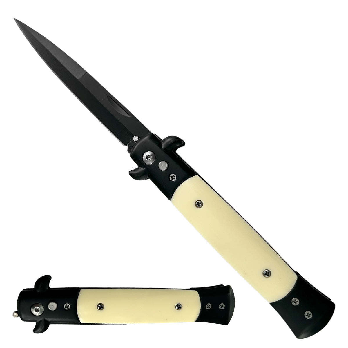 "Polished" Black Blade Bone Handle Switchblade