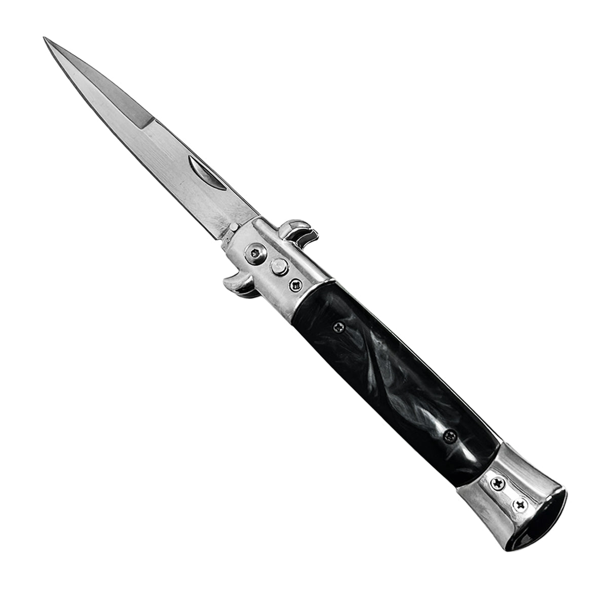 "Polished" Black Marble Silver Blade Switchblade