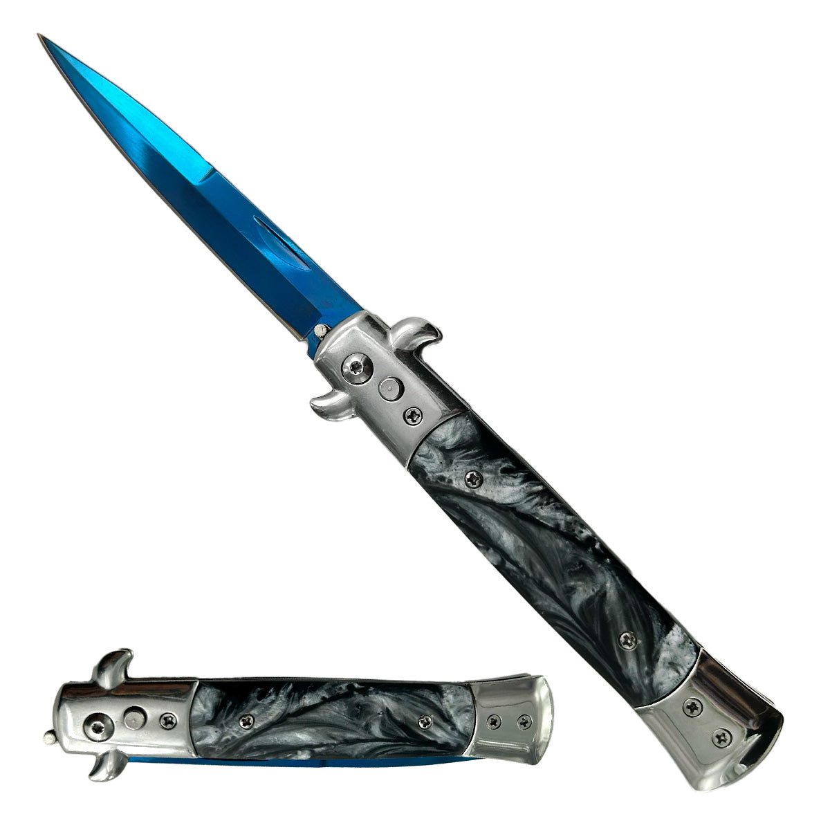 "Polished" Black Marble Blue Blade Switchblade