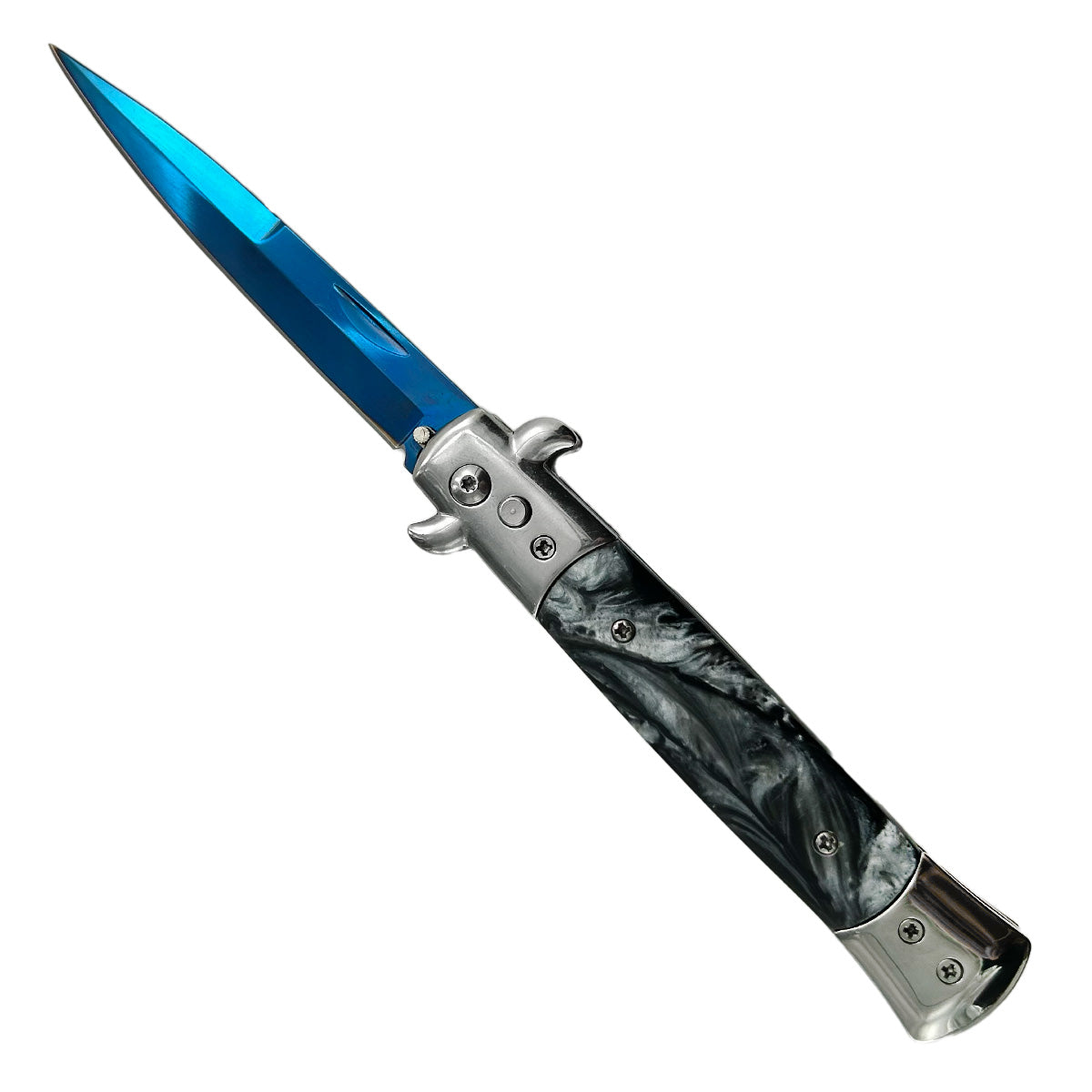 "Polished" Black Marble Blue Blade Switchblade