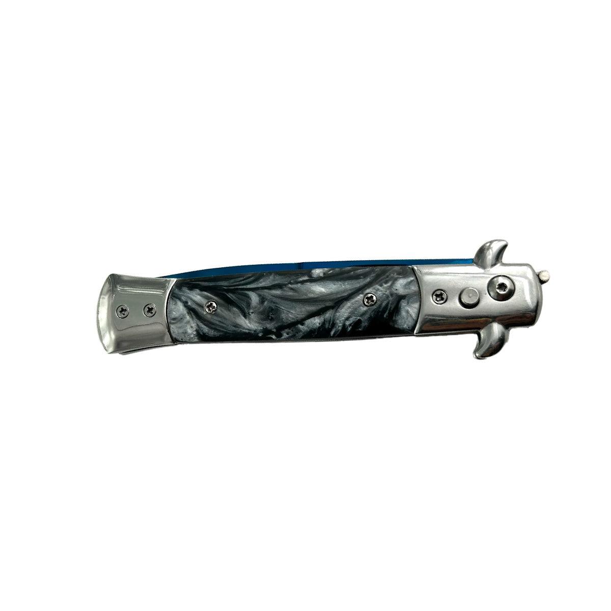 "Polished" Black Marble Blue Blade Switchblade