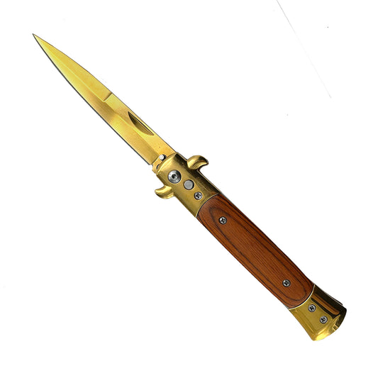 "Polished" Wood Handle Gold Blade Switchblade