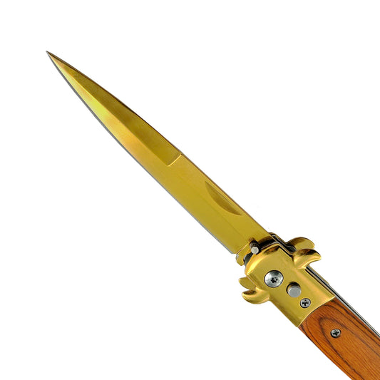 "Polished" Wood Handle Gold Blade Switchblade