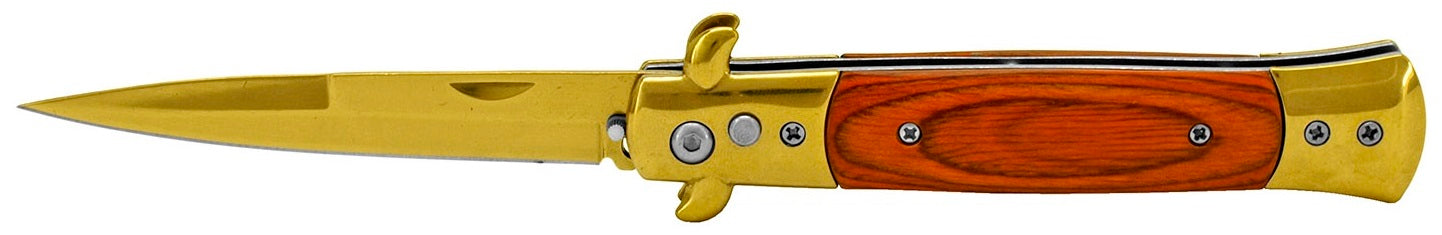 Polished" Gold Blade Wood Handle Switchblade