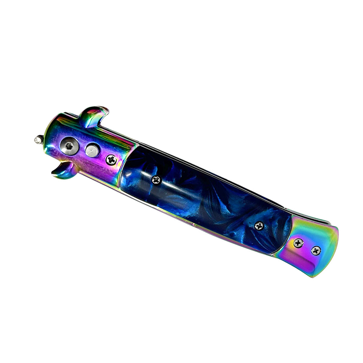 "Polished" Blue Handle Rainbow Blade Switchblade