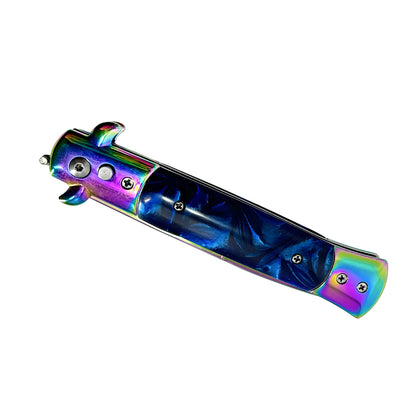 "Polished" Blue Handle Rainbow Blade Switchblade