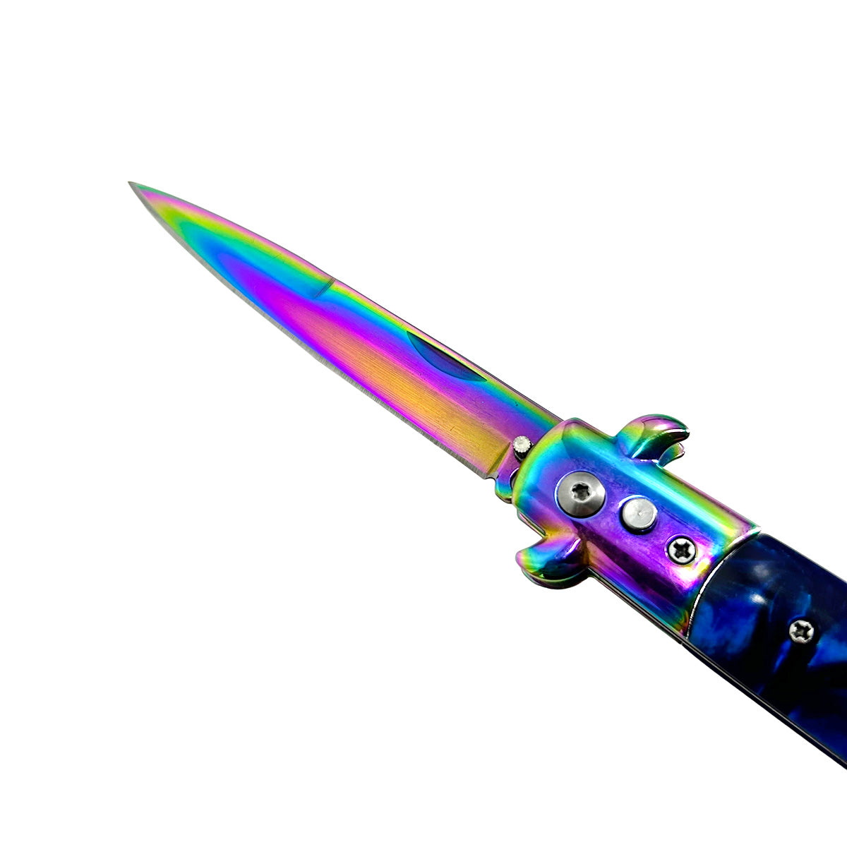 "Polished" Blue Handle Rainbow Blade Switchblade