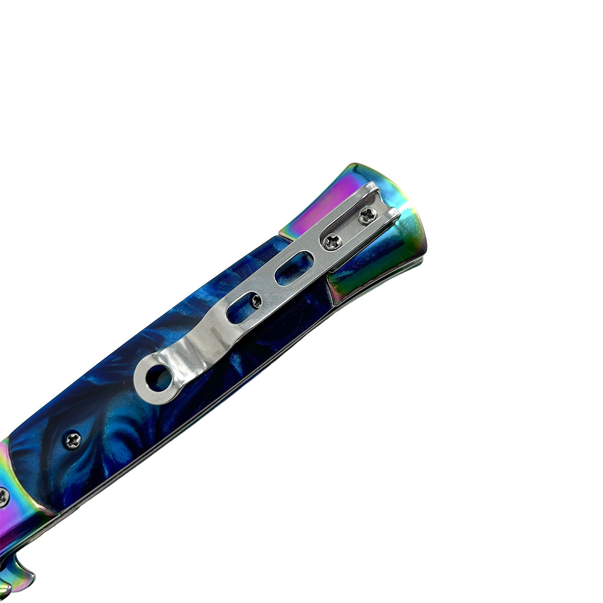 "Polished" Blue Handle Rainbow Blade Switchblade