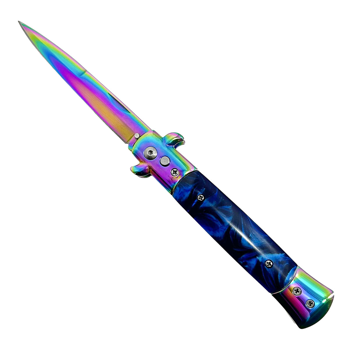 "Polished" Blue Handle Rainbow Blade Switchblade