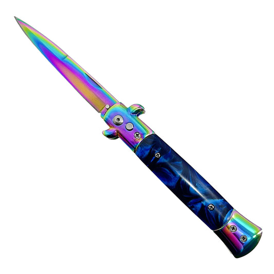 "Polished" Blue Handle Rainbow Blade Switchblade