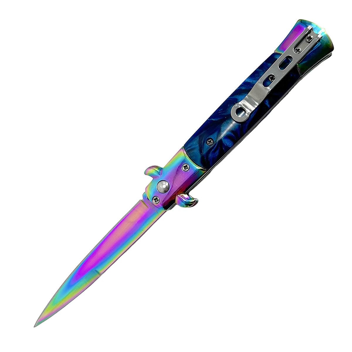 "Polished" Blue Handle Rainbow Blade Switchblade