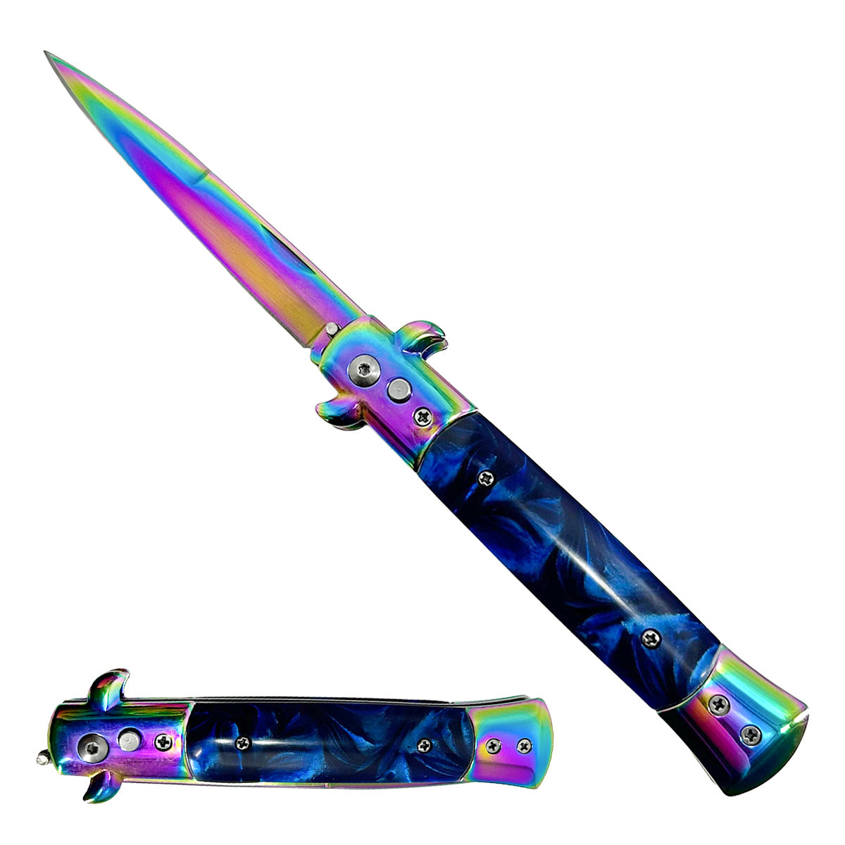 "Polished" Blue Handle Rainbow Blade Switchblade