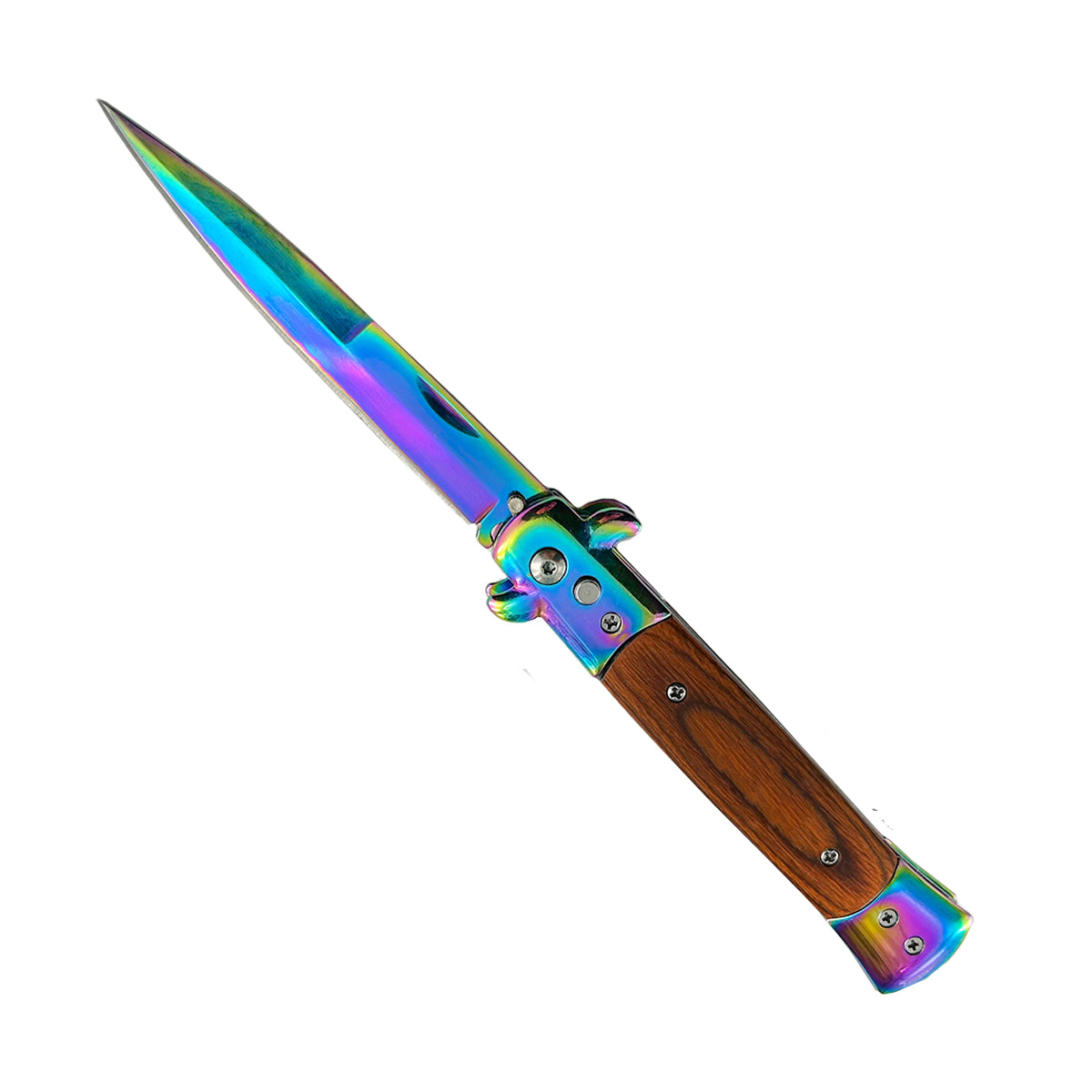 "Polished" Wood Handle Rainbow Blade Switchblade