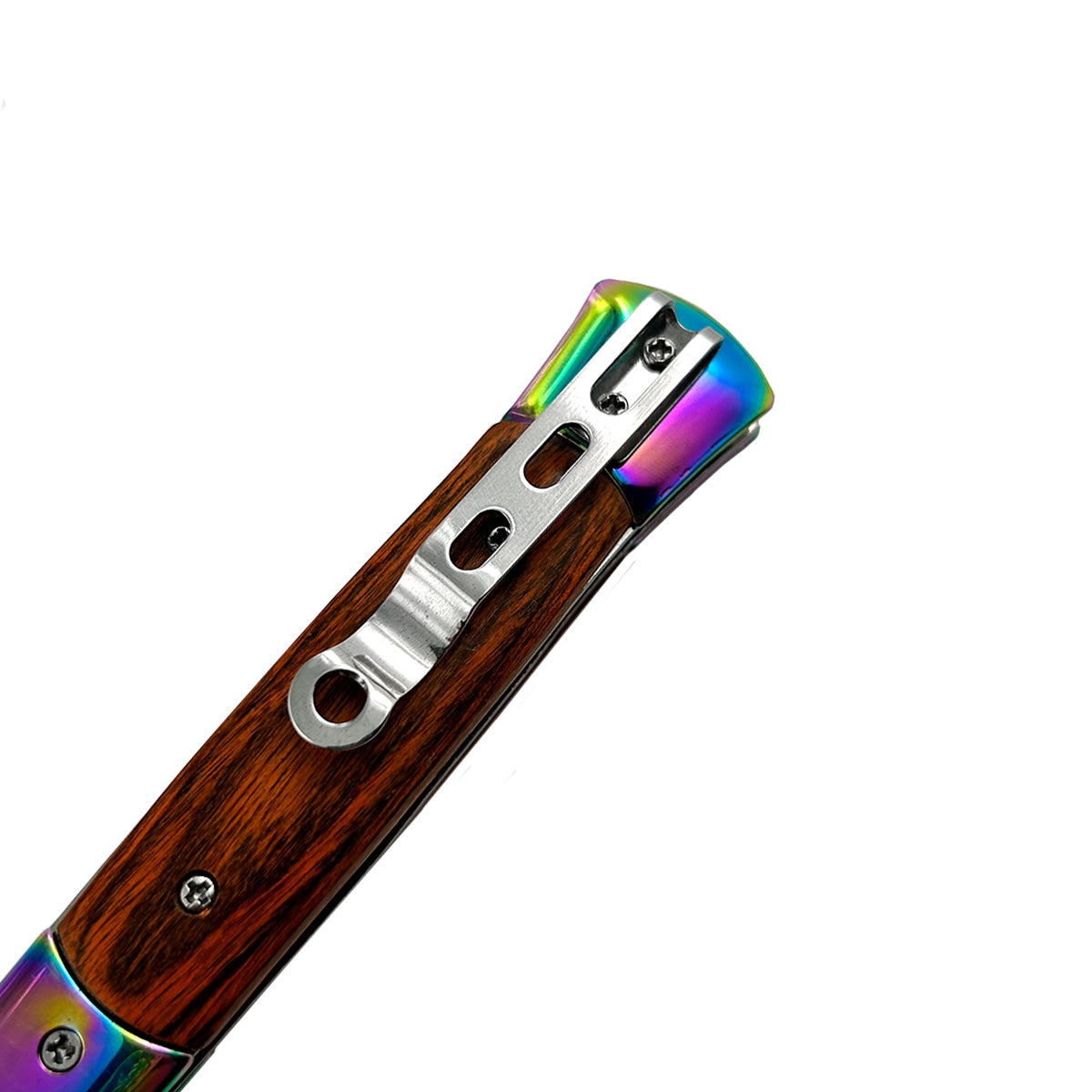 "Polished" Wood Handle Rainbow Blade Switchblade