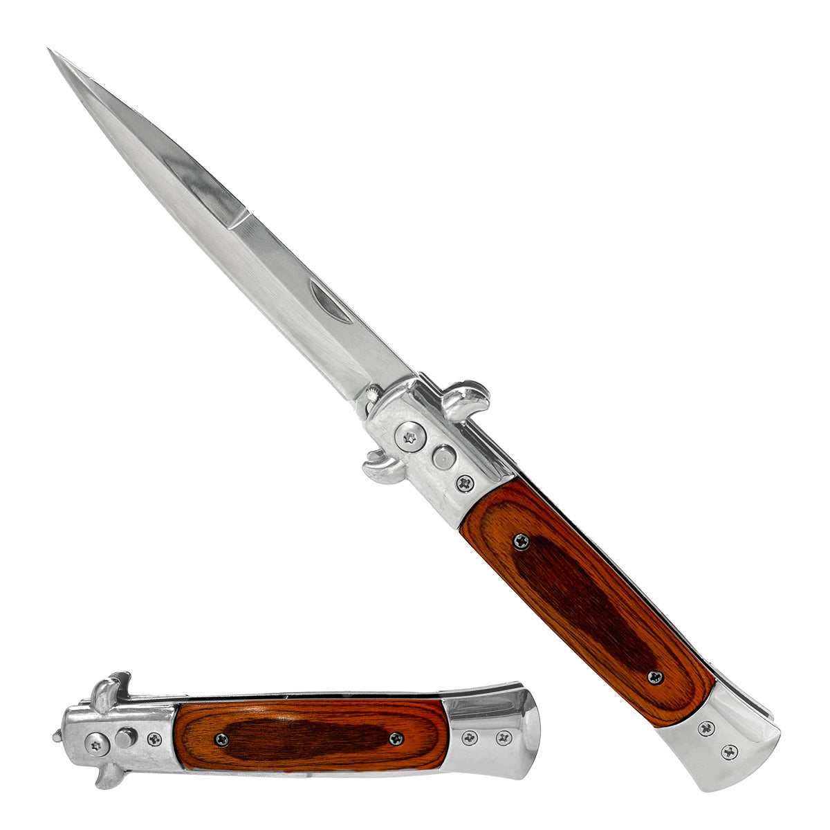 "Polished" Wood Handle Silver Blade Switchblade