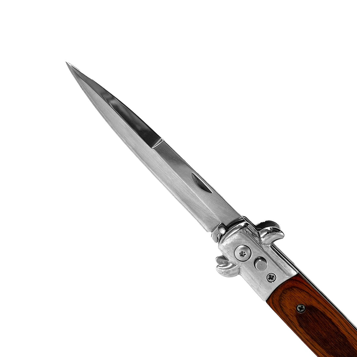 "Polished" Wood Handle Silver Blade Switchblade