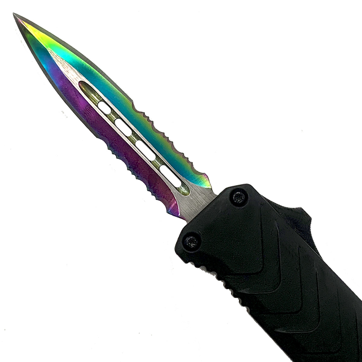 "Ice cream" OTF Knife for Sale - Rainbow Double Serrated Blade.