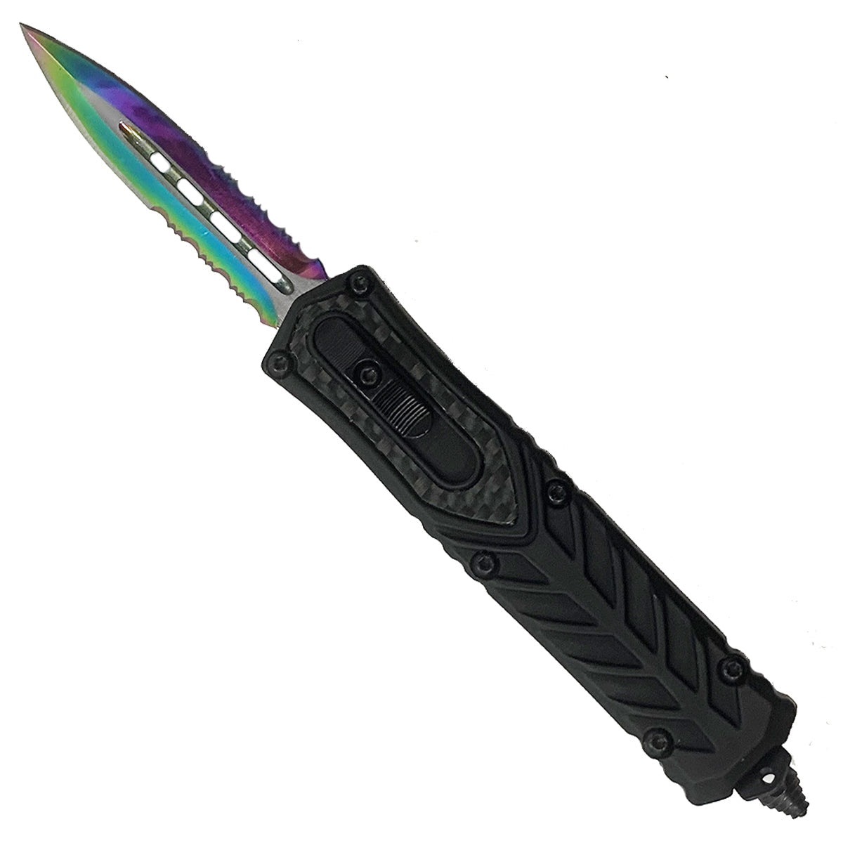 "Rainbow Fang" OTF Knife - Double Serrated Blade OTF Knife for Sale.