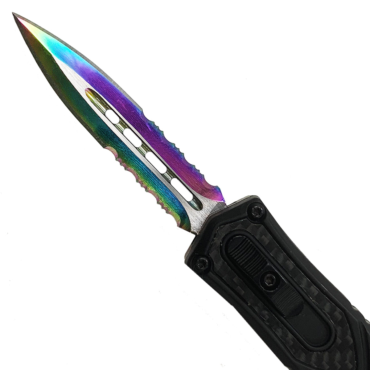 "Rainbow Fang" OTF Knife - Double Serrated Blade OTF Knife for Sale.