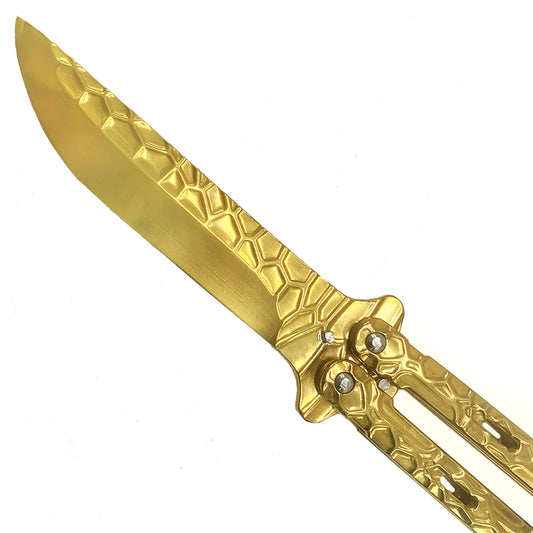 Wholesale gold balisong knife by CS Tactical Edge with textured blade and handle design