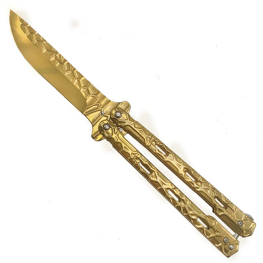 Wholesale gold balisong knife with textured blade and handles by CS Tactical Edge