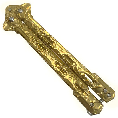 Wholesale gold balisong knife with textured metal handles by CS Tactical Edge closed position